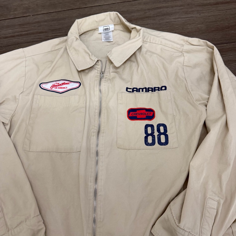 GM Official Camaro IROC Z Z28 Motorsport Racing Fan Jacket Mens Size Large Beige